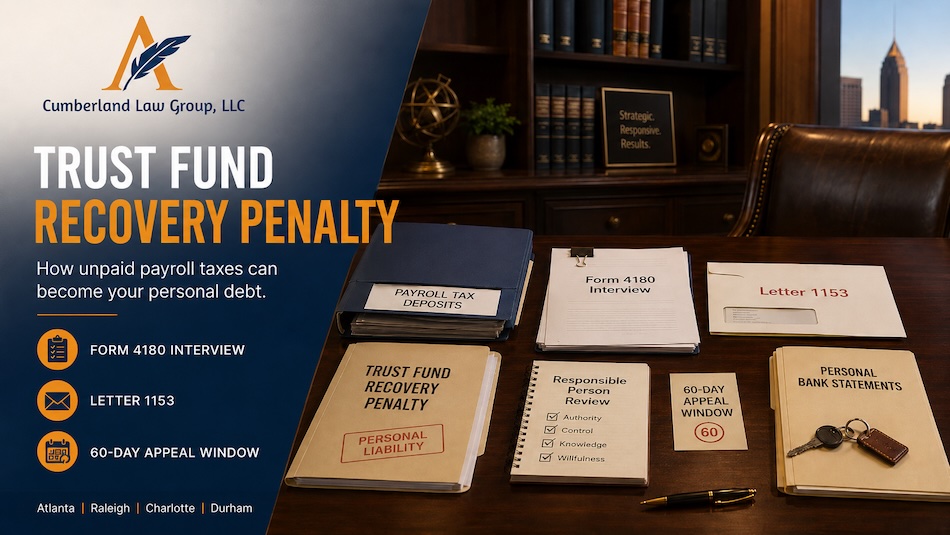 Cumberland Law Group - Trust fund recovery discussion in office - Atlanta, Mcdonough, Charlotte, Raleigh, Durham